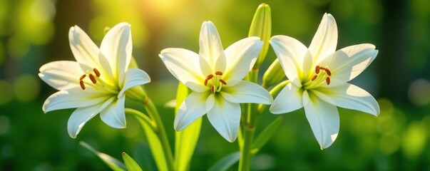 Fototapeta premium White lilies in full bloom, their petals glistening under the warm spring sun, surrounded by lush green foliage, lush, plants