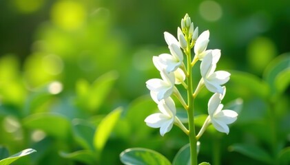 White snap dragons, antirrhinum flowers in full bloom on a sunny summer day, showcasing their elegant white petals against a backdrop of lush green foliage,  sunny,  lush
