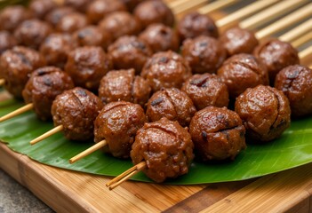 Fototapeta premium Exotic Culinary Adventure: Skewered Meatballs on a Vibrant Tropical Leaf Display