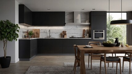 Modern kitchen with black cabinetry and a wooden dining table, showcasing a stylish and minimalist design.