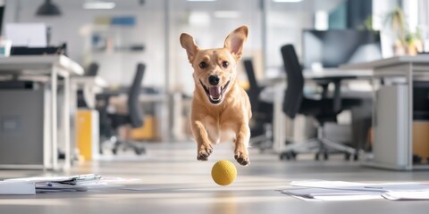 Energetic dog playing with ball in bright office environment