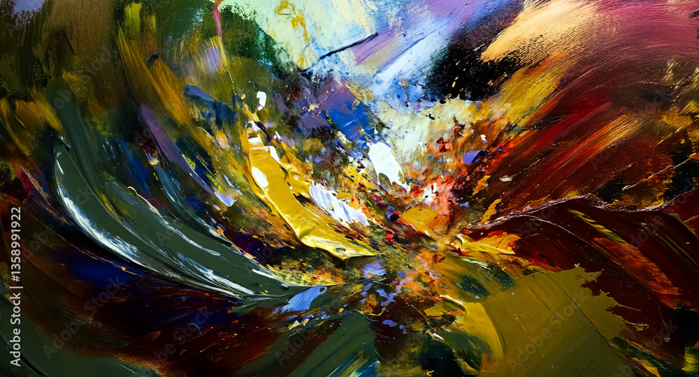Poster Abstract painting with vibrant colors and dynamic brushstrokes creates an energetic and textured visual experience. The artwork is expressive and colorful.
