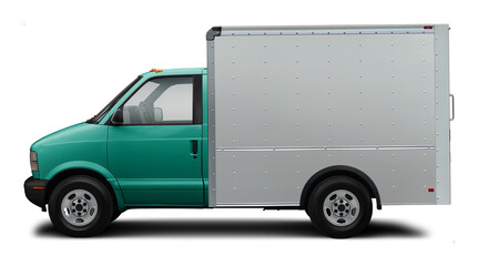 Classic compact american delivery truck side view. With white van and blue green cabin. In png format on transparent background.