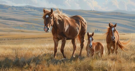 Fototapeta premium Group of beautiful horses in a golden field.