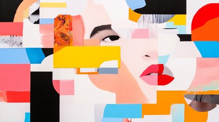 Creative abstract art piece featuring bold colors and fragmented human features in a contemporary setting