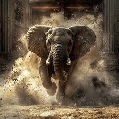 Powerful elephant charging through dust