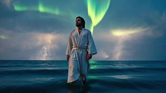 A person in a white robe walks along the beach with a glowing aura, surrounded by an ethereal, mysterious atmosphere suggesting spiritual exploration