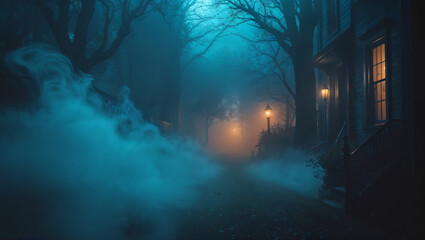 A thick fog rolls through a dimly lit street, casting an eerie glow on the neighborhood.