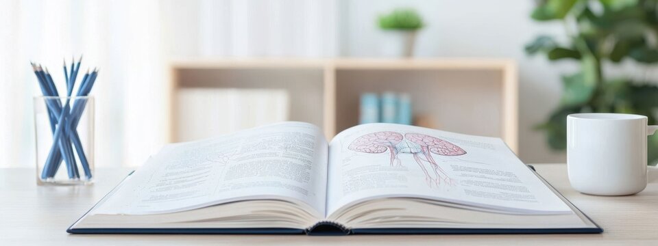 Open medical textbook on a desk with educational materials nearby