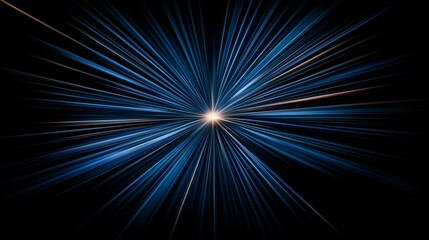 The image contains an abstract representation of radiating light or energy, depicted as numerous blue and slightly off-white lines emanating from a central bright point against a black background.