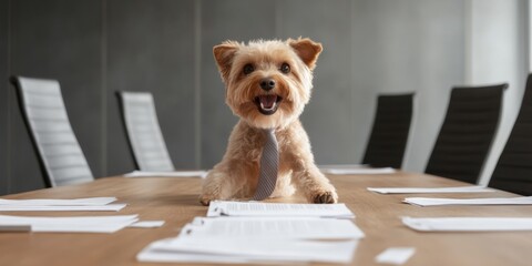 Playful dog in office pulling coworker tie, bringing joyful vibe