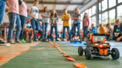 Teenagers participating in a robotics competition, operating their robots on a field while judges and spectators watch in the background.
