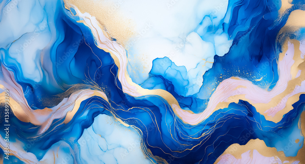Poster An abstract painting featuring swirling shades of blue and white with accents of gold creating a fluid, marble-like texture. The colors blend and flow together smoothly.