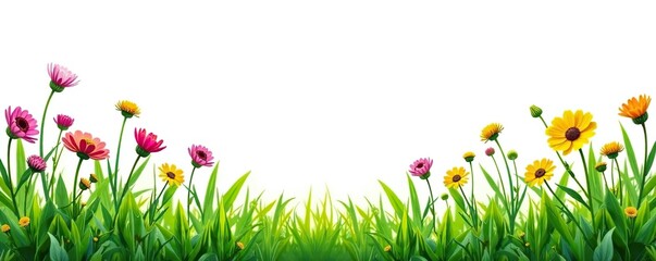 Wildflowers and vibrant green grass blades against a white background,  foliage,  plants