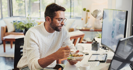 Eating, remote work and man with computer, home and review of graphs for report, online or data...