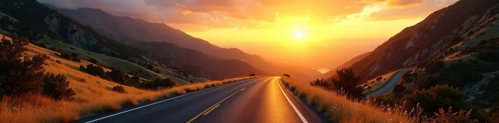 Fototapete Rund Winding road through golden mountain landscapes at sunset,  winding,  remote © wichai