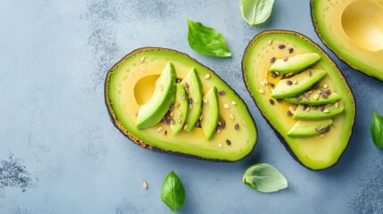 Avocado halves with seeds and basil