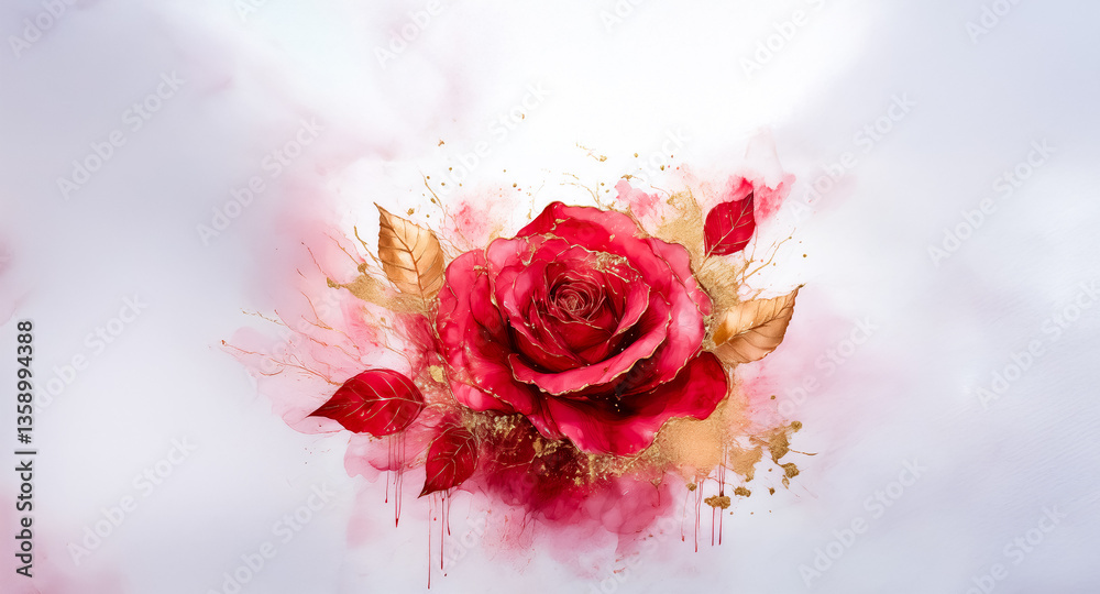 Poster vibrant red rose with golden leaves in watercolor style. artistic background with splash effect. bea