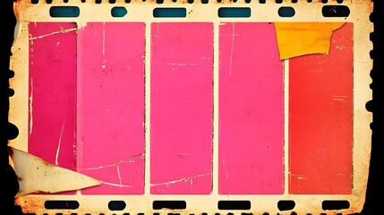Vintage film strip with colorful, damaged frames.