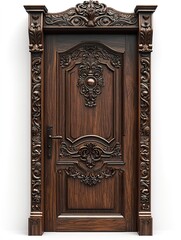 A photorealistic wooden door with intricate carved motifs, a deep walnut finish, and decorative borders, isolated on a white background 