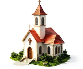 Fototapeta premium A picturesque 3D church building with a red roof, tall bell tower, and cross at the peak, isolated on a crisp white background. 