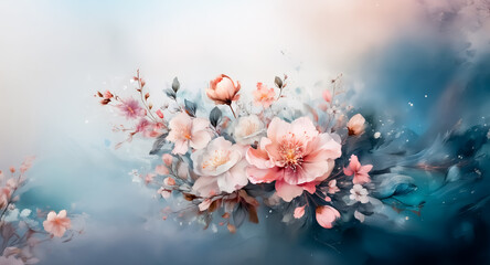 Obraz premium Soft watercolor floral art features pink and white blossoms on a dreamy blue backdrop. Delicate petals and gentle strokes create a serene, elegant, and calming ambiance.