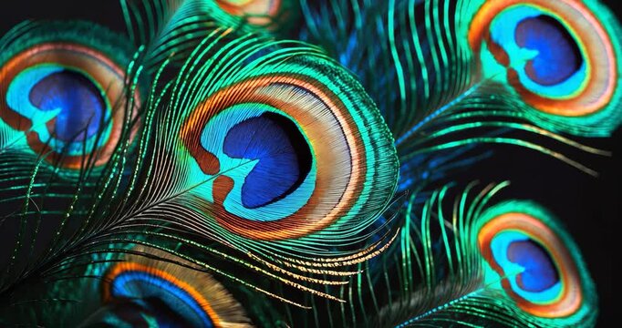 Close-up photographs of vibrant peacock feathers showcase seamless colors, elaborate details, and radiate beauty and awe.
