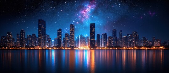 Fototapeta premium Night cityscape skyline reflected in water with starry sky