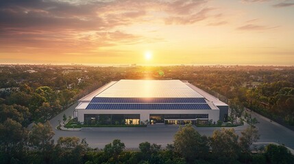 Obraz premium A picturesque sunset scene over a modern warehouse complex, its roof adorned with reflective solar panels, set amid lush greenery and tree-lined borders. 