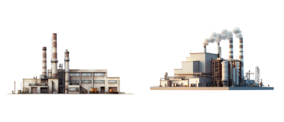 3D illustration of a factory with smoke coming from a chimney, isolated on a white background
