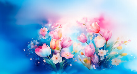 Obraz premium Dreamy watercolor floral art featuring pink and white tulips with soft petals blooming against a vibrant blue and pink backdrop.