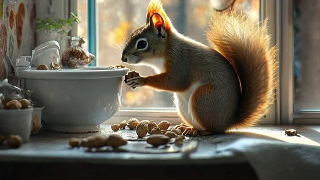 Squirrel's Nutty Snack: A charming squirrel with a bushy tail, captured mid-action while nibbling on a nut, set against a warm, sunlit windowsill, exuding a sense of playful delight.