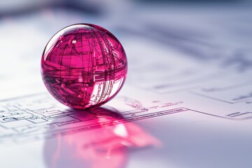 A vibrant pink globe perched atop a technical diagram sheet, reflecting innovation, architectural planning, and global interconnectedness in modern design.