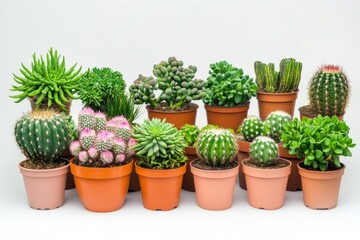 A Delightful Collection of Succulents and Cacti in Pots. A Vibrant Display of Desert Plants. 