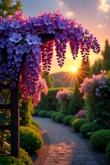 Wisteria blooming on trellis at sunset in a Japanese garden, spring,  trellis