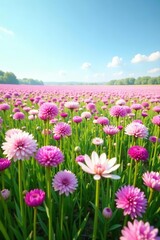 Fototapeta premium A breathtaking view of a vast field of allium flowers in full bloom under a clear blue sky, landscape, spring