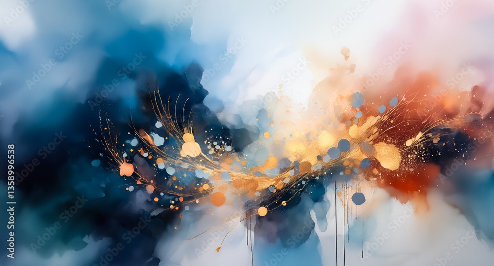 Aufkleber Abstract art with a fluid blend of deep blue, bright orange, and shimmering gold hues, creating a dynamic, splash-like composition.