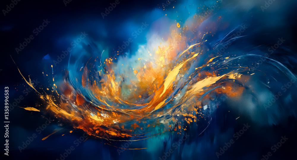 Poster swirling blue and gold abstract painting creates a dynamic explosion effect, resembling a nebula or 