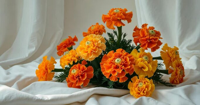 Colourful marigold flowers set against a white background.