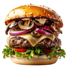 A Fresh Burger with Melted Swiss Cheese and Mushrooms Isolated on Transparent Background