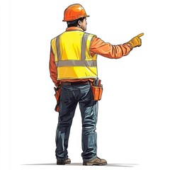 A professional vector image of a construction worker with a reflective vest, helmet, and gloves, pointing confidently, viewed from the back, on white. 