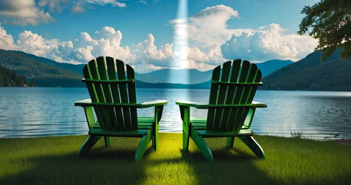Adirondack chairs. Summer, holiday, outdoor activities, journey, discover, nature, camping, lakeside and mountain getaway concept.