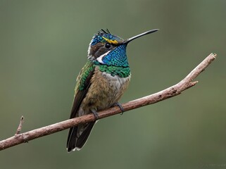 Fototapeta premium Blue-bearded Helmetcrest (Oxypogon cyanolaemus) – A striking hummingbird from the Andes, rediscovered in 2015.