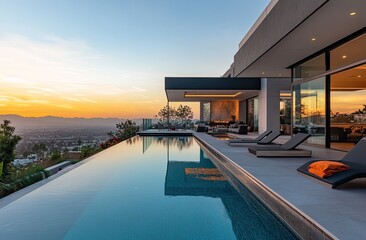 Fototapeta premium Modern luxury home with infinity pool, panoramic city views