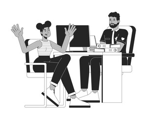 Emotional victim reporting crime to police officer 2D line characters. Distressed black woman explaining to african american policeman isolated vector ink outline people. Monochrome spot illustration