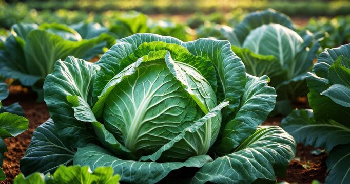 Cabbage field. Cabbage crop, farming and fresh produce. Cultivating vegetables.