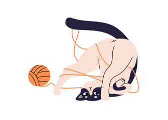 Goofy cat had fun and got tangled in threads with butt up. Cute kitty plays with ball of yarn. Amusing playful kitten stuck in funny pose. Flat isolated vector illustration on white background.
