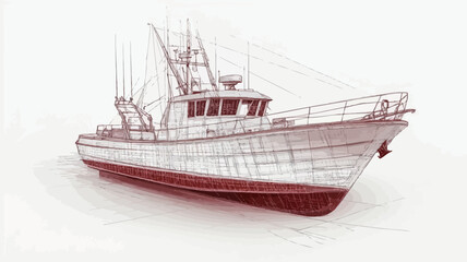 A three-quarter view illustration of a fishing boat. The style is a line drawing with shading, predominantly in red and white. The boat is depicted on a white background with a subtle shadow