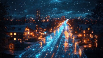 Naklejka premium Night cityscape with illuminated houses and a glowing digital highway.