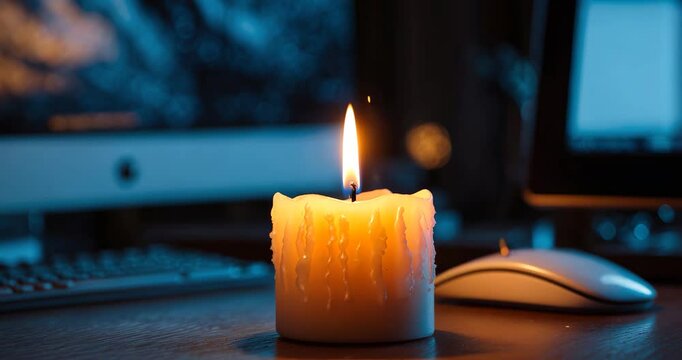Blackout theme, a close-up of a white burning candle on a desk with a blurred computer in the background.